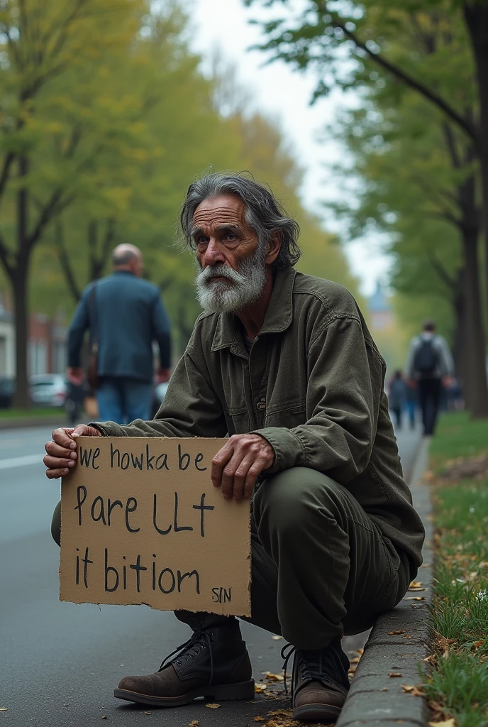 Image of a homeless man on the street outside a park asking for help or money