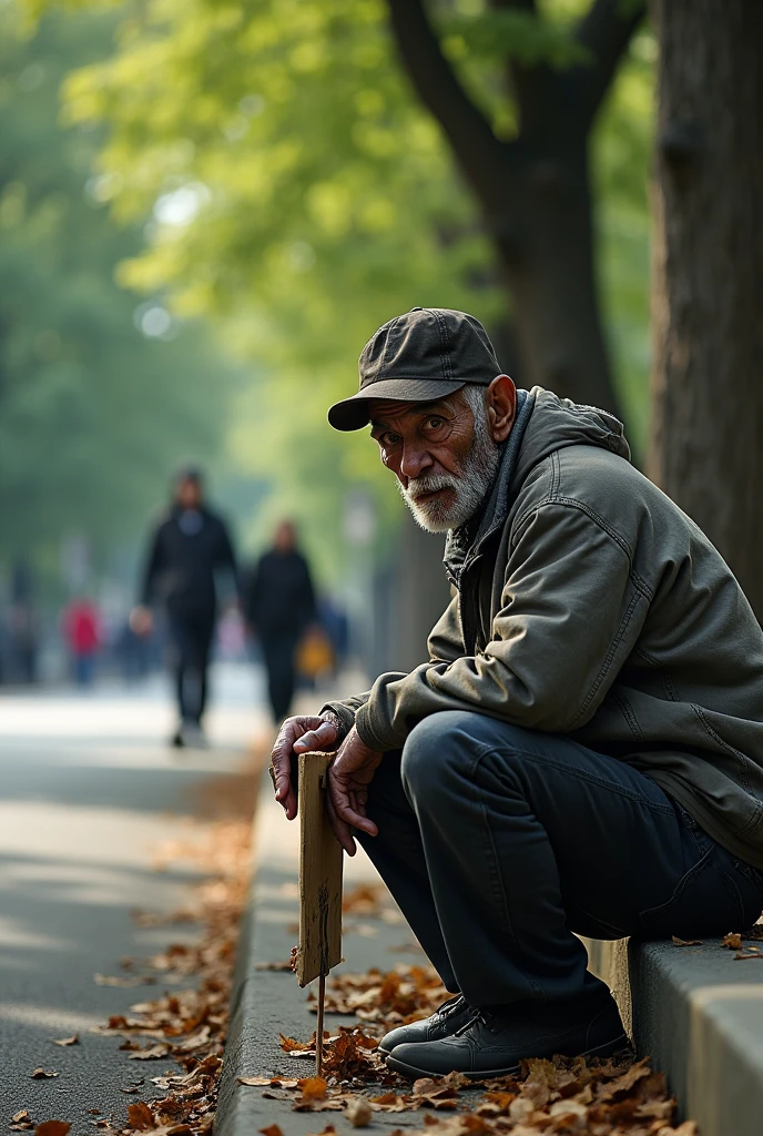 Image of a homeless man on the street outside a park asking for help or money