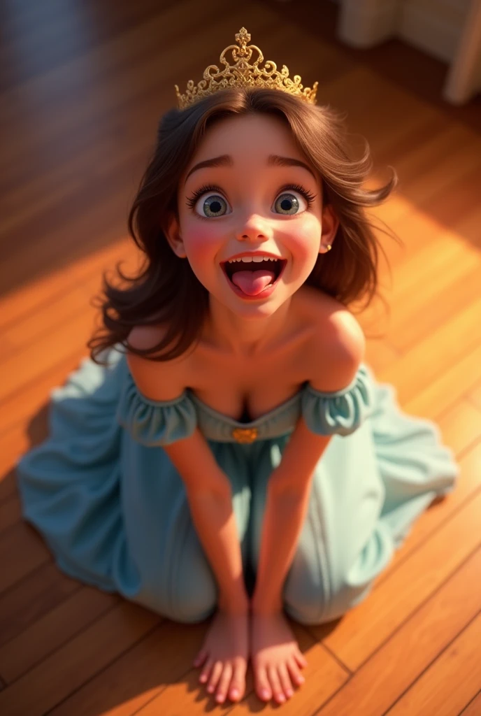Disney princess, drawn in style of Pixar, kneeling on hardwood floor , eyes closed, (mouth very wide open and tongue sticking out) , top down view
