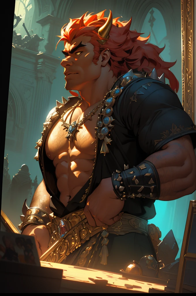 (A shirtless, muscular Bowser, the Koopa King, featured in a painting in the style of Johannes Vermeer, 4K resolution, conceptual design, highly detailed digital illustration, trending on ArtStation, ornate frame and embellishments, wide angle lens flare, hyper-focused composition with extreme depth of field, post-processing enhancing intricate details, romantic style blending influences of Alex Ross, Anato Finnstark, Craig Mullins, H.R. Giger, cinematic vivid and vibrant lighting)