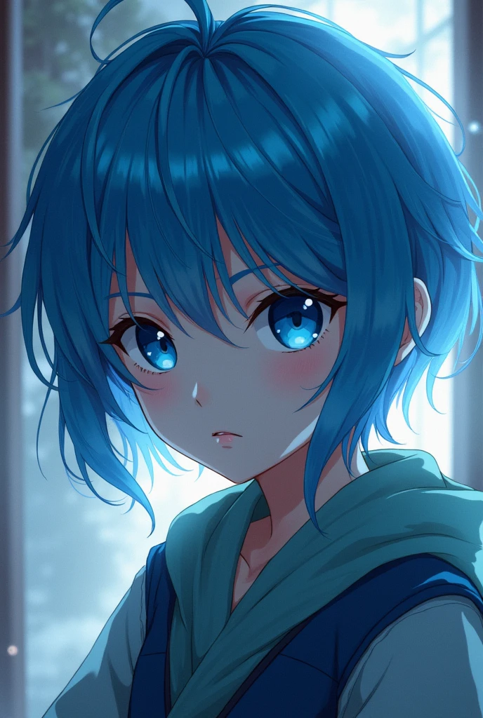 A blue-haired girl, short spiky hair, light blue eyes, white skin. in the style of the anime demon slayer