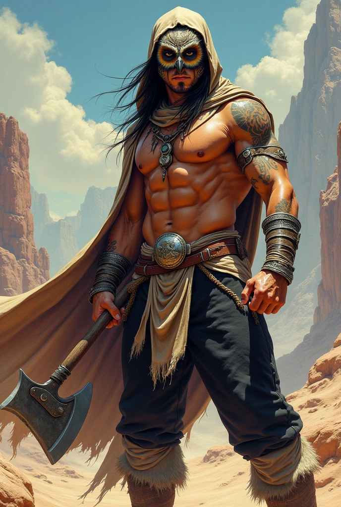 Full body side view of a muscular, tattooed American Indian man, wearing black hood and long cape, detailed owl mask under the hood, attractive face man, (NO BEARD !), shirtless and wearing loincloth, loose black pants, black boots and wide silver bracelets on both wrists. He is in a fighting stance with an axe, standing in the Arizona desert. Frazetta Art style .