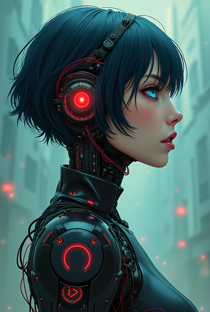 Create a high-quality,hyper-realistic image of a young woman with short, dark blue hair. ［She is playing stratecaste］r.she is dancing. The background is a gradient of light blue to darker green hues and star.The left side of her head and upper body appear normal, but the right side is integrated with complex cybernetic elements, including wires, circuits, and mechanical components. A highly illustration detailed and realistic. illustration of a female android with visible mechanical parts integrated into her face and body, blending organic and mechanical elements. The android’s right eye is a striking blue, contrasting against the red and black tones of the mechanical components. The lighting creates dramatic shadows, enhancing the texture and depth of the face and mechanical elements. The overall style is cyberpunk, with a strong influence of dystopian themes, similar to manga or anime. The composition should capture the intensity and complexity of the character, focusing on the intricate details of both the organic and mechanical features 
