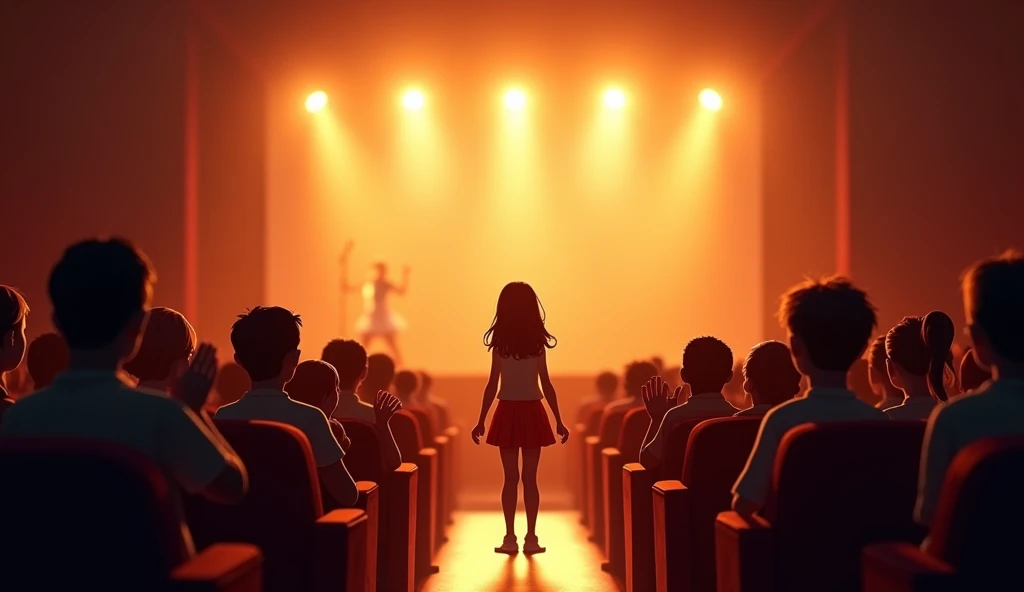 (highest quality, 4k, masterpiece:1.3), A view from the back of an auditorium, showing rows of people sitting on chairs, facing the stage where a young girl is performing. The audience members are in silhouette, with the stage light softly illuminating their outlines. The room has a warm, inviting glow, with stage lights casting a golden hue. People of all ages are seen, some clapping, others leaning forward with interest. The scene is in a 2D animation style, with bright colors and soft shading, capturing the atmosphere of joy and celebration.