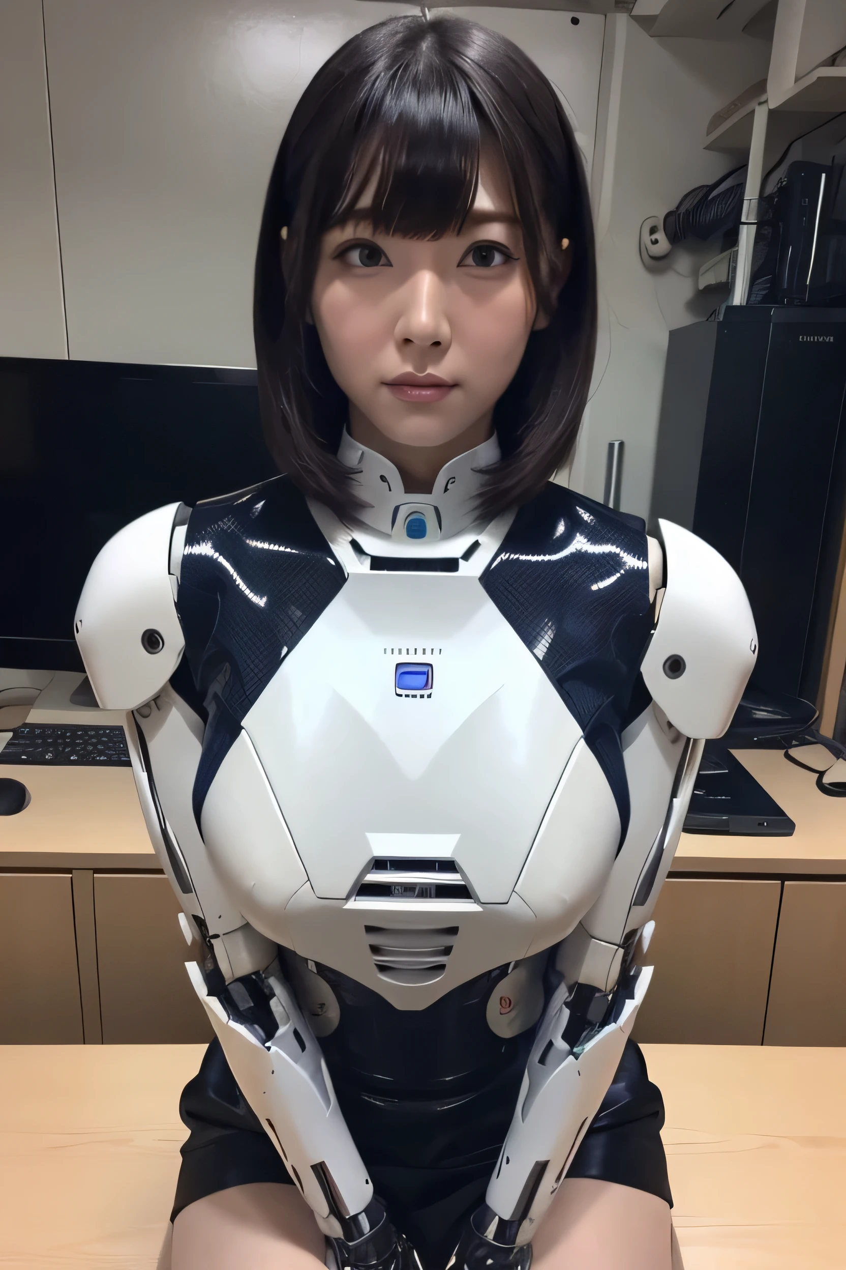 masterpiece, best quality, extremely detailed, Japaese Cyborg Girl,Plump ,navy pleated miniskirt,black tights,control panels,android,Droid,Mechanical Hand, ,clothes with a sense of mechanical technology, Robot arms and legs, Black Robot Parts,Black hair,Mechanical body,Blunt bangs,White abdomen,White robotics parts,tube dress,perfect robot woman,future laboratory,cyber pank,charging spot,android factory,robot factory,cyborg factory,long tube,thick cable connecting her neck,ceramic body ,blue eyes,smechanical body, android,robot humanoid,office-lady