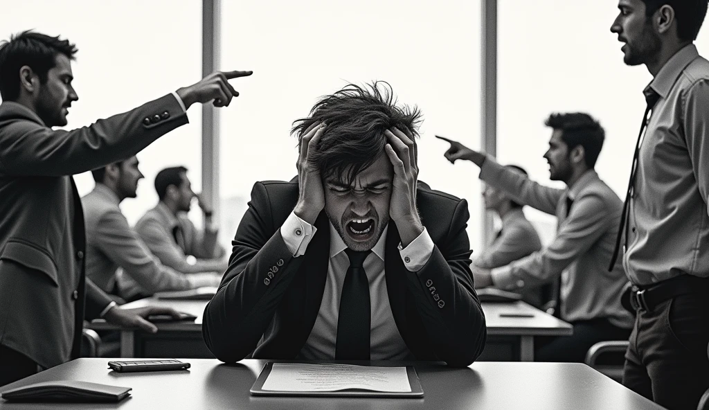 A distorted dramatic scene of a person in his exhausted work environment, screaming, with hands on head pulling hair, can't stand working in your underpaid telemarketing job anymore, customers sitting around pointing at this person, the boss calling that person's attention, the whole scene in black and white, only the main person colored.