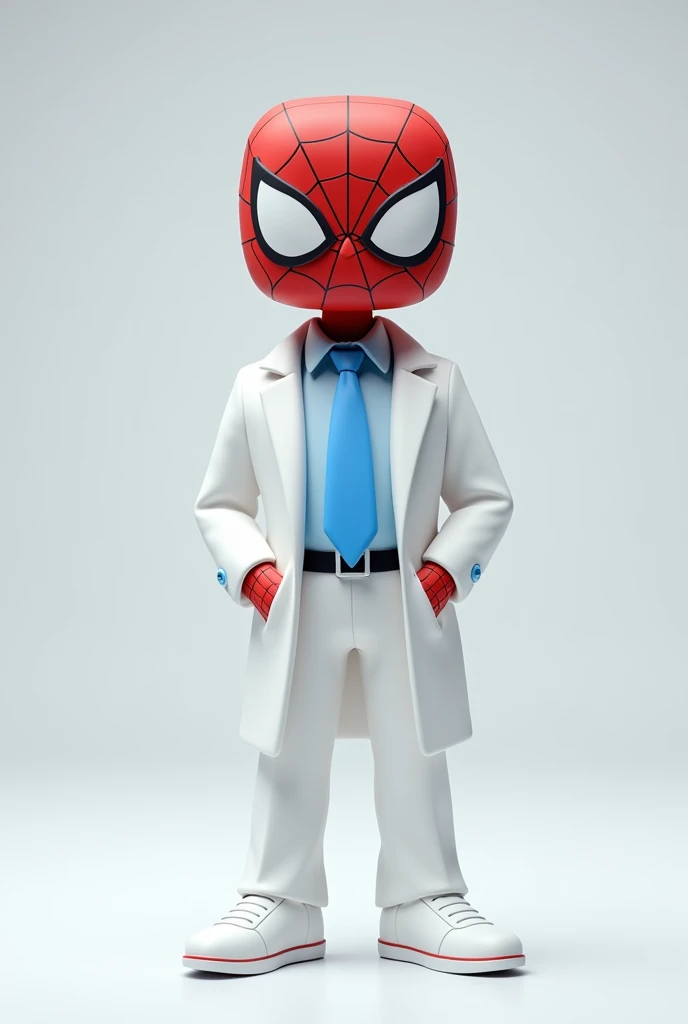 Create a funko pop with a white shirt, white pants, white coat and white tennis shoes, black belt and blue tie with the original Spiderman mask on