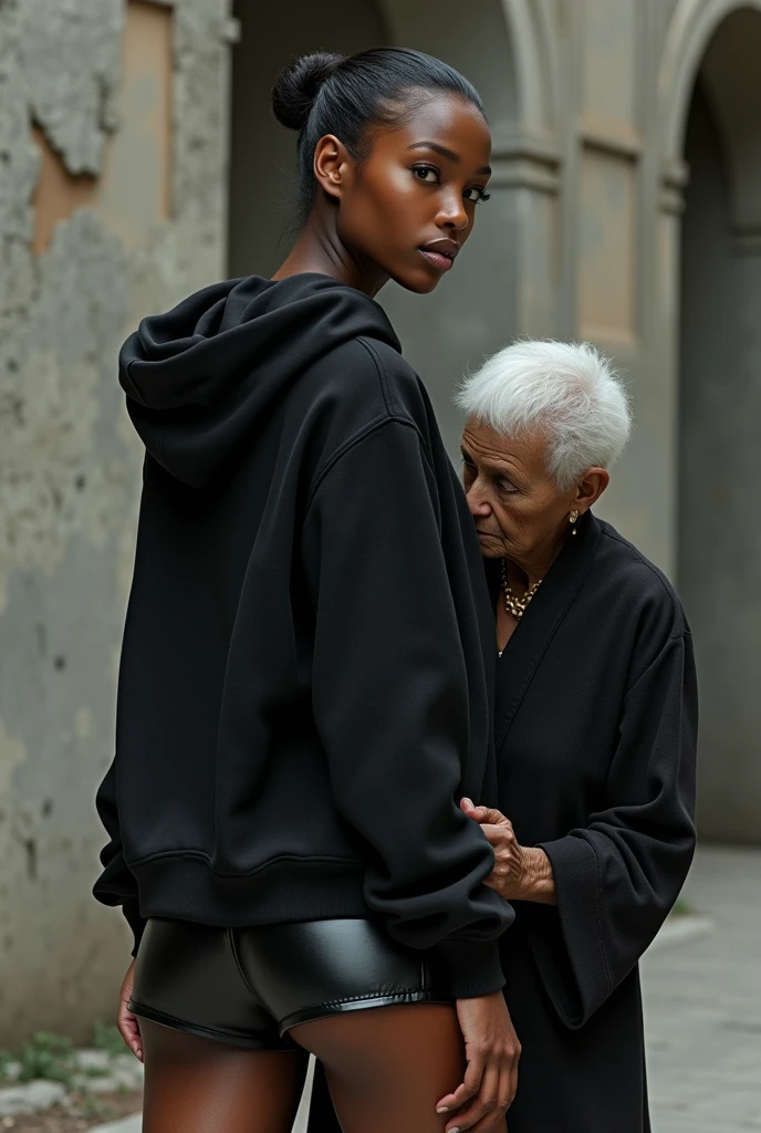 black woman hair in a bun black hoodie   black leather short shorts   a old grandma in a dress on her knees kissing her ass behind her
