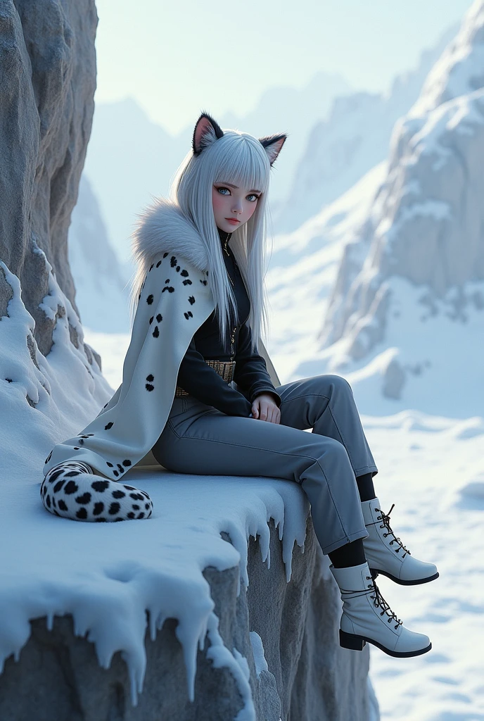 Female teen with snow leopard ears along with a snow leopard tail. White hair with black leopard print. Grey eyes. Black Tunic under a white cloak. Light gray pants. Sitting on a snowy cliff. White boots.