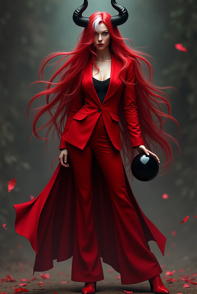 A girl with long red hair and a lock of white hair with black horns and a black halo, red eyes, a red suit, light red pants that reach her knees, red shoes, a black magic ball of power, and a serious expression.
