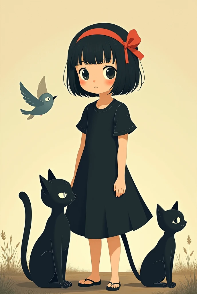 Animated scene of a woman with a cat and a bird, Scrape delivery service, Kiki's Delivery Service, Ghibli anime style, by Miyazaki, Ghibli anime style style, Miyazaki anime films, Miyazaki Movies, Studio Ghibli Anime, studio ghibli and shinkai makoto, Miyazaki Movies, Studio Ghibli Animeーション, Ghibli anime movie simple background, Simple eyes、The cat is black、Faint Lines、Black Hair, Bob、Ghibli-style colors, Headbands with red ribbons、Black dress.Simple eyes、Non-sparkling eyes、black eye、Ghibli-style eyes、The Little Prince painting style
