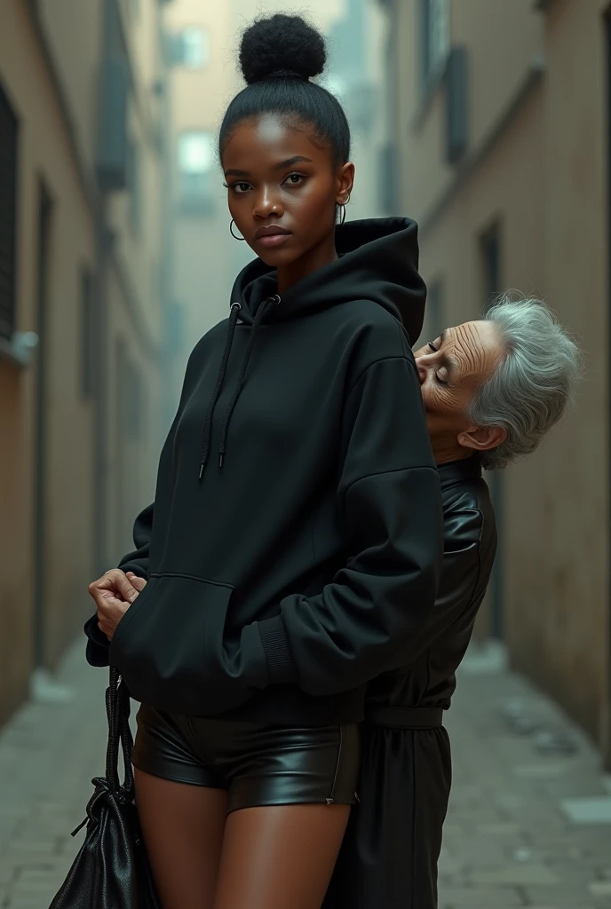 black woman hair in a bun black hoodie black leather short shorts a old grandma in a dress on her knees kissing her behind her