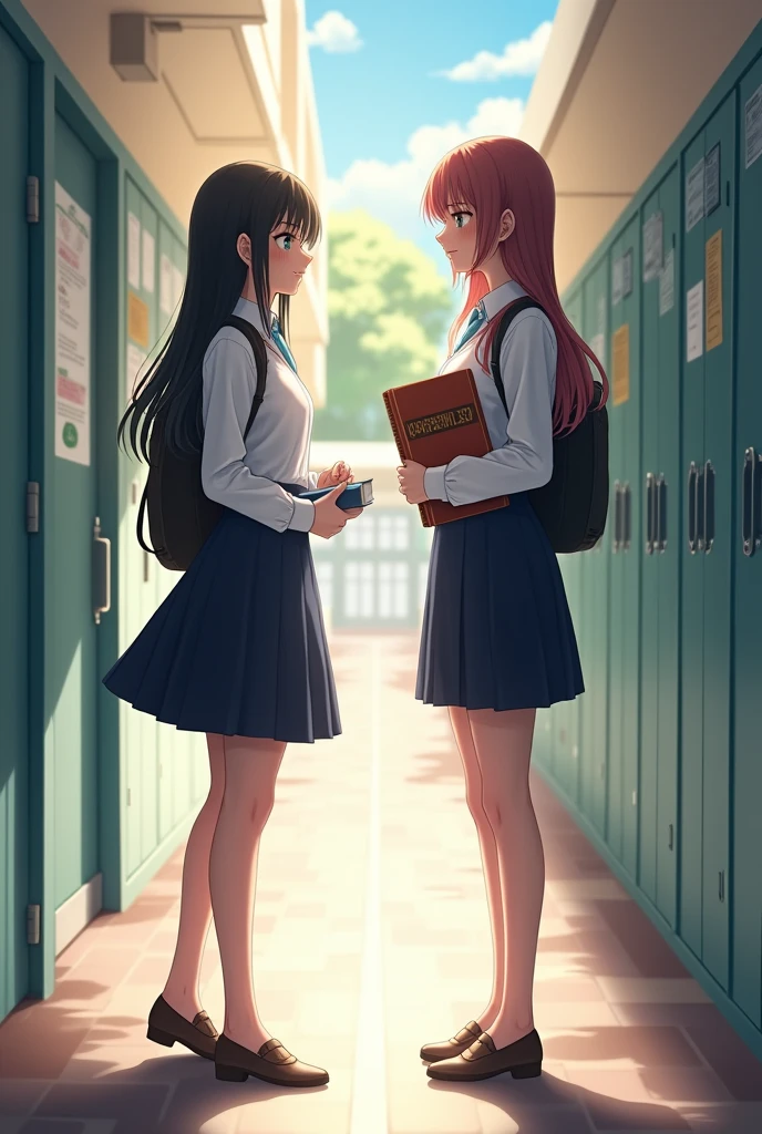 A beautiful girl in school uniform, another beautiful girl in school uniform carrying a book, they are in the corridor