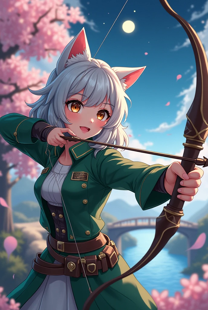 (masterpiece, Highest quality: 1.2), One person, alone, (View from the front) Face Focus, Highest quality, Ultra detailed illustration of a woman drawing a bow with a magic arrow, Beautiful and exquisite eyes in a fantasy forest, silver hair, ((Cat ear)), Dressed in a futuristic green and brown ranger outfit, very_rich_many_Wavy_hair, looking at the camera, Close-up face, (((I blushed in surprise.))), Gorgeous and adorable characters, Cherry tree, moonlight, Cherry Blossom, Flying Flowers, river, bridge, Clouds at night, Starry Sky, the wind is strong, Rustling of leaves,