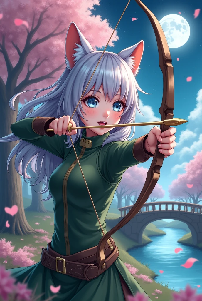 (masterpiece, Highest quality: 1.2), One person, alone, (View from the front) Face Focus, Highest quality, Ultra detailed illustration of a woman drawing a bow with a magic arrow, Beautiful and exquisite eyes in a fantasy forest, silver hair, ((Cat ear)), Dressed in a futuristic green and brown ranger outfit, very_rich_many_Wavy_hair, looking at the camera, Close-up face, (((I blushed in surprise.))), Gorgeous and adorable characters, Cherry tree, moonlight, Cherry Blossom, Flying Flowers, river, bridge, Clouds at night, Starry Sky, the wind is strong, Rustling of leaves,