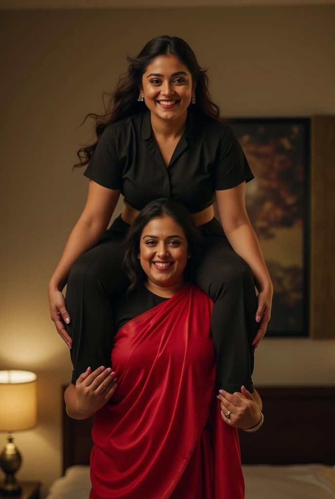 Beautiful and Slim Indian woman Aishwarya Rai in black blouse red satin saree , lifting a large chubby man above her shoulders, man is sitting on woman's shoulders, natural smile, in a bedroom with high ceiling at night