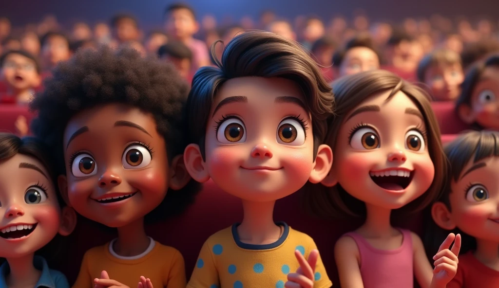 (highest quality, 4k, masterpiece:1.3), A close-up of a group of children sitting in an auditorium, watching a stage performance. Their faces are lit up with excitement, wide-eyed and smiling, some clapping their hands. The children are of various ethnic backgrounds, wearing casual and traditional clothing, reflecting the diversity of the audience. The background shows blurred outlines of other audience members and the soft glow of stage lights. The image is in a 2D animation style, with bright colors, cartoonish features, and a joyful atmosphere.