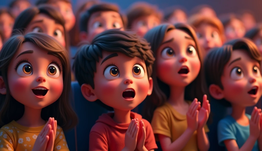 (highest quality, 4k, masterpiece:1.3), A close-up of a group of children sitting in an auditorium, watching a stage performance. Their faces are lit up with excitement, wide-eyed and smiling, some clapping their hands. The children are of various ethnic backgrounds, wearing casual and traditional clothing, reflecting the diversity of the audience. The background shows blurred outlines of other audience members and the soft glow of stage lights. The image is in a 2D animation style, with bright colors, cartoonish features, and a joyful atmosphere.