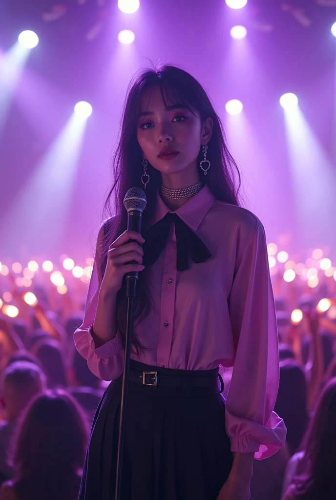 4K - ultra-vivid、highest quality, masterpiece, Ultra-high resolution, (reality: 1.4), 1 girl, Purple eyes, Cinema Lighting、purple and black hair、(Mine Girl、deep makeup)、(Earrings、lots of earrings)、((Heavy makeup))、pink shirt,cosplay, jirai kei, bangs, black skirt, black bow, looking at viewer, bow, long sleeves, choker, ribbon,pink lips,Thick-soled boots,fullbody shot :1.4),boots focus, (masterpiece:1.3), small breast,slim,The girl holds the microphone in both hands and has her eyes closed :1.4),(masterpiece:1.3), (Lovey-dovey:1.5), (tilt head:1.3), extremely delicate face, soft clean focus, realistic lighting and shading,  elegant, (muted colors:1.1), small breast,slim,smiling,The dazzling lights of the concert venue, the countless purple glow sticks