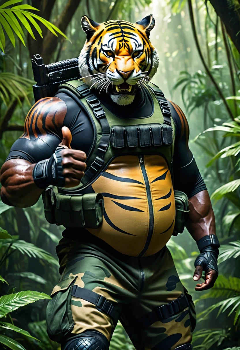 (a dark-skinned fat muscular old man in a bulky army camouflage zipper diver suit) thumbs up pose, carrying an AK-47, (wearing a small-sized realistic roaring tiger mask), dynamic action pose, fierce expression, roaring, showcasing an imposing stature, surrounded by military elements, dramatic shadows and intense highlights, cinematic color tones, high detail, powerful, art influenced by Bruce Onobrakpeya and Stanley Artgerm, ultra-detailed, best quality image, action-packed atmosphere. patrolling in jungle