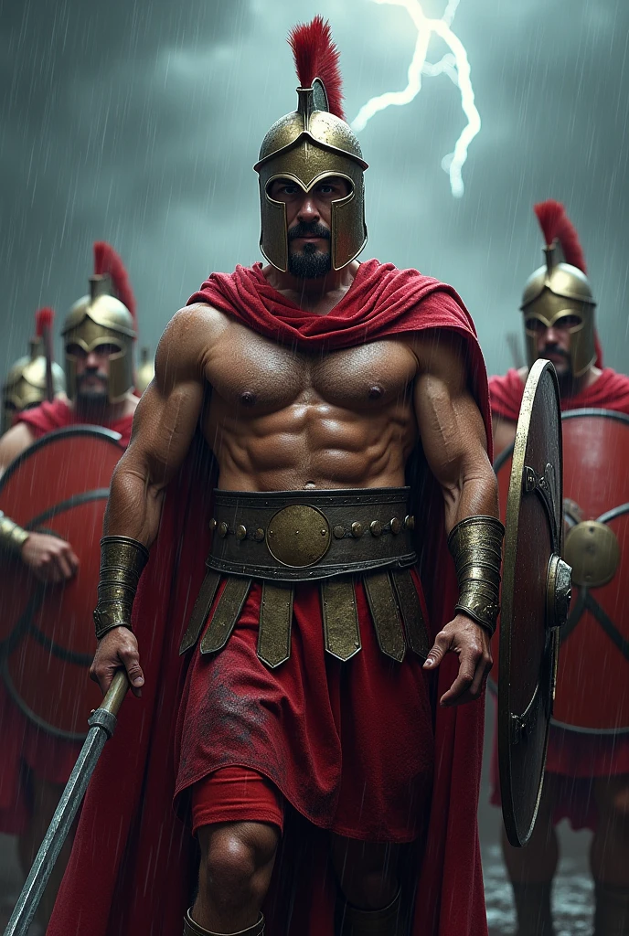 Spartans with red costume prepared for battle back ground rain and thunder storm lightningstrike