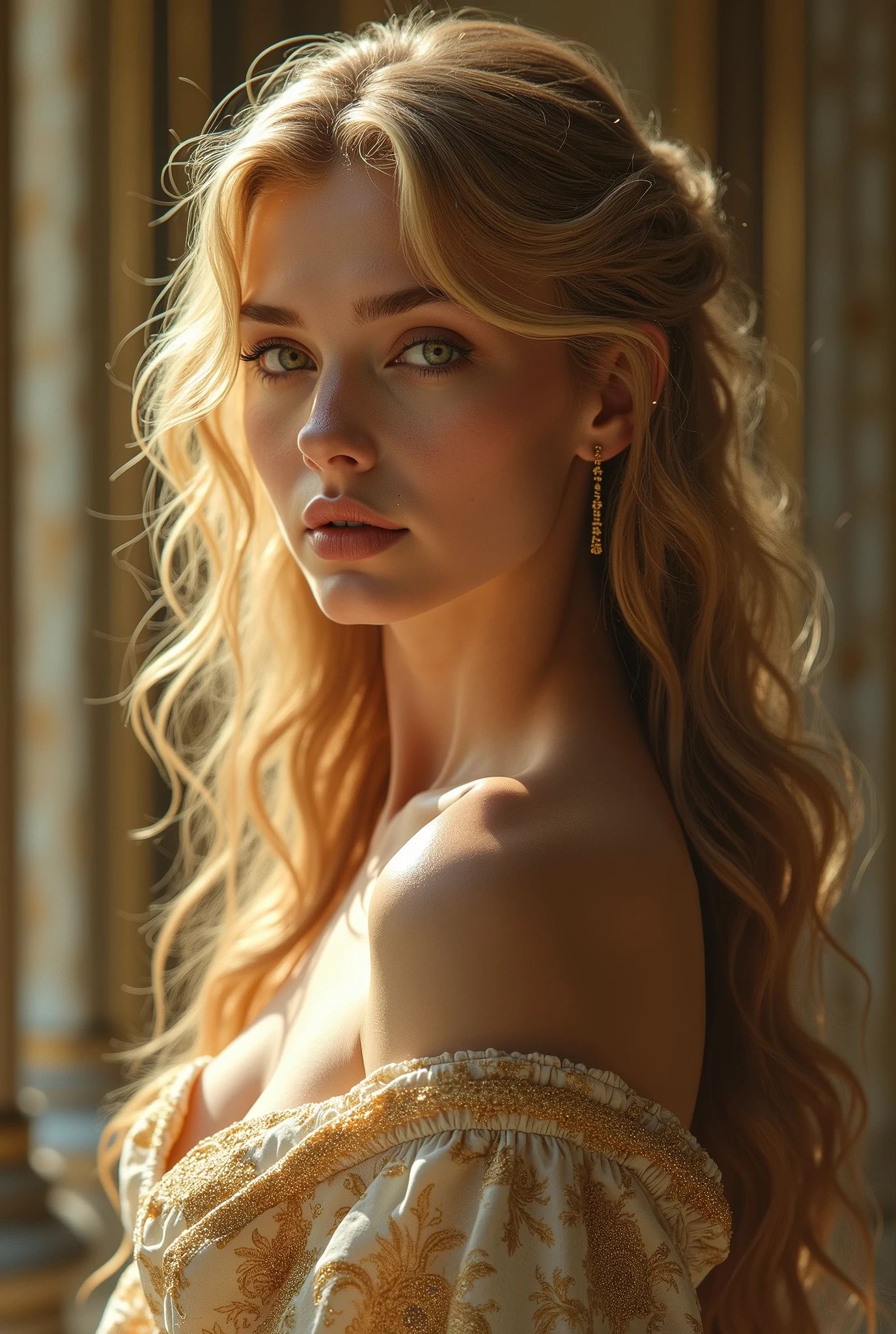 Absurd, ultra-detailed, high quality, masterpiece, detailed face, beautiful eyes(detailed eyiking and captivating, features are classically beautiful, with high cheekbones, a perfectly proportioned face, eyes depicted as large and captivating, hold an intense gaze, golden hair , Gole hair is luxuriant and flowing, cascading down her back in waves,wearing elegant robes adorned with intricate patterns ,Her beauty is not merely superficial but embodies the essence of power, naked