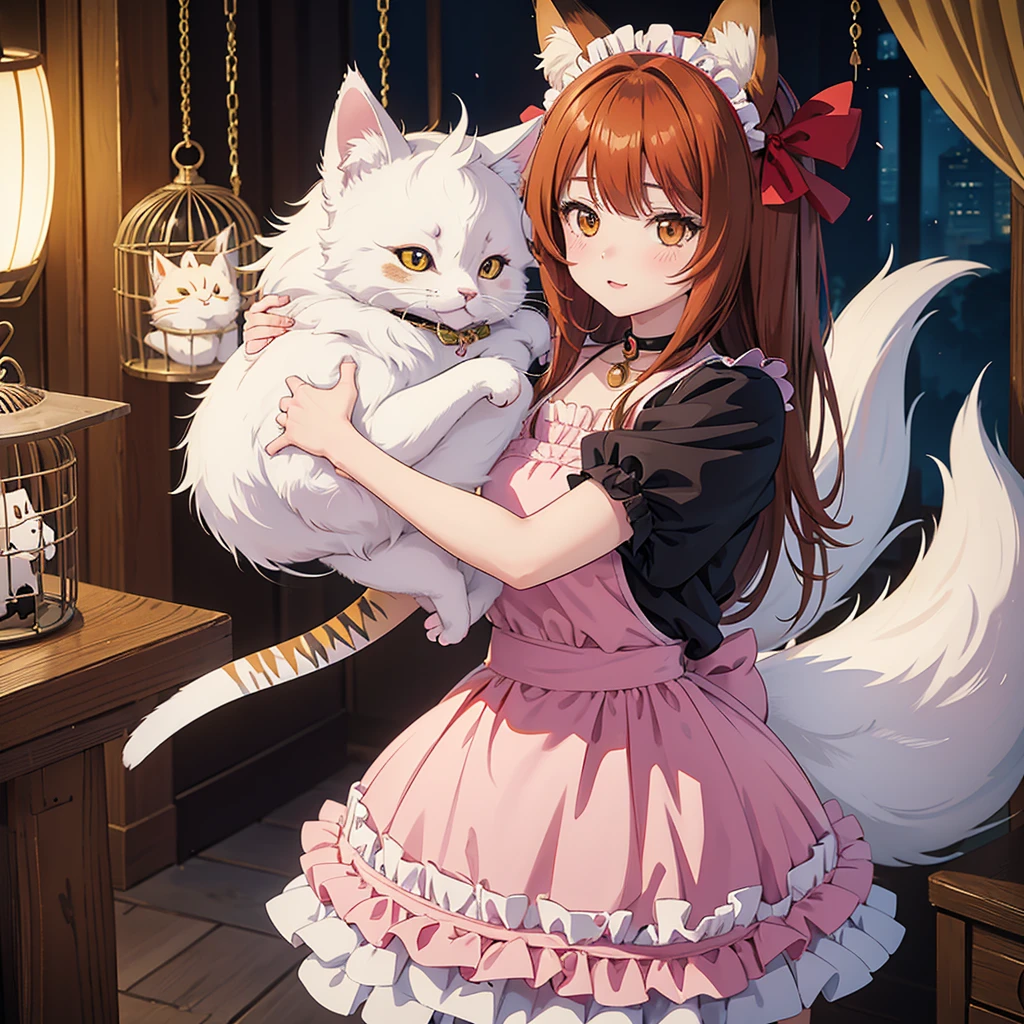 Anime Girl with a bird cage and a cat in her arms, Animation by Shitao, pixiv, Furry Art, very beautiful anime cat girl, beautiful anime catgirl, Fox Girl, Anime cat girl in maid costume, Cute anime catgirl, (Anime Girl), Cute anime, with kitsune mask, pixiv style, anime catgirl