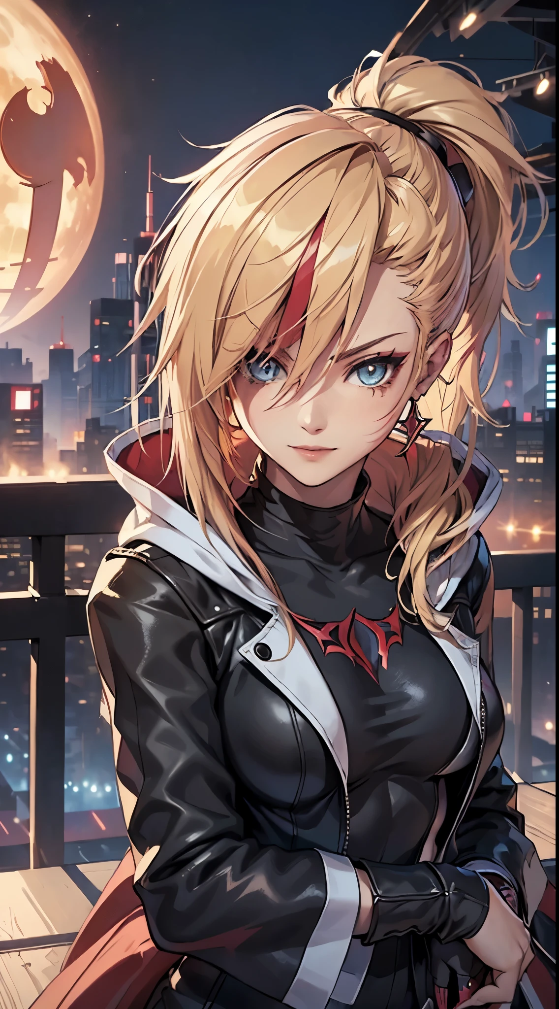 top-quality、Top image quality、​masterpiece、evil girl with((18year old、Red, black and blue glowing cyber suit, falda corta, blonde hair streaked with red, black and blues hihlights, mystical,、Shining Cyber White Hoodie、Best Bust、Bust 90、Blonde Away Tail、Red Eyes、Valley、A slender、 insane smile、Red Face tattoo Paint、Black scarf、Reflecting the whole body、Slouch action)）hiquality、Beautiful Art、Background with((nightcity、cyberpunked、nightclubasutepiece、Elaborate design、visualart、