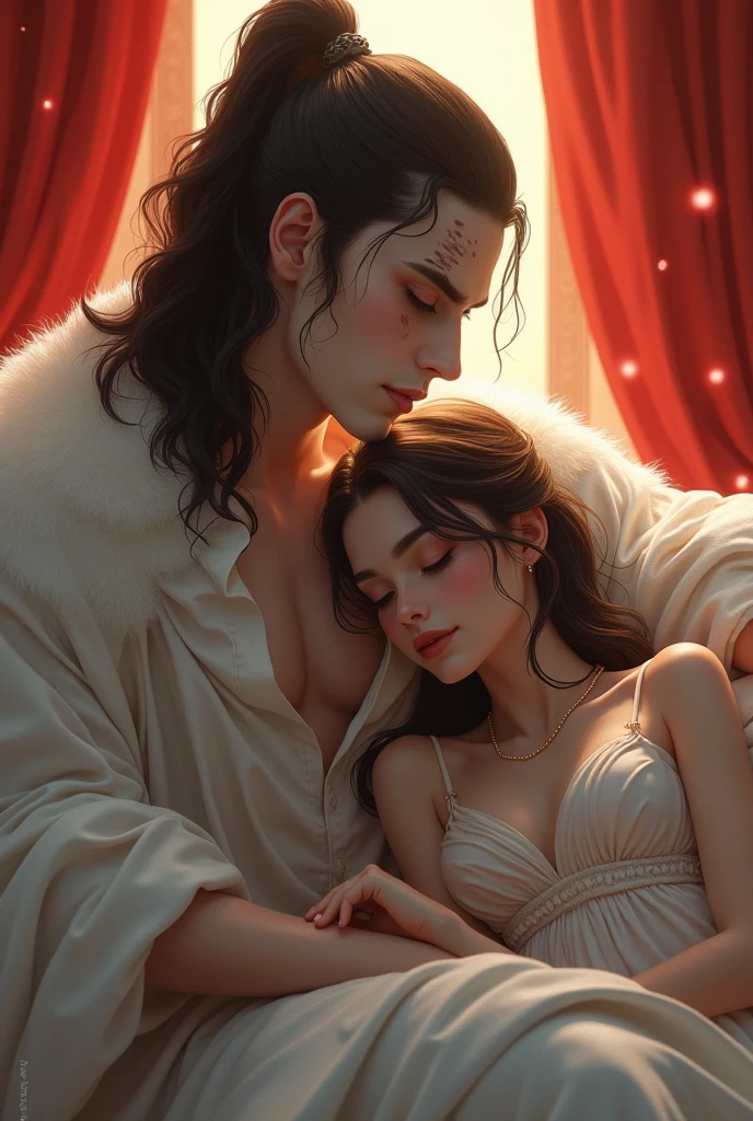 concept-art、a couple、❴A beautiful young man hugging a crying beautiful girl❵、(two beautiful faces)、Lustrous skin、eyes with tears running down、(Neutral males)、Glamorous depiction、dramatic compositions、Masterpiece、4K