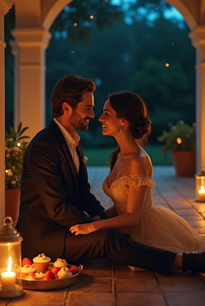 Andrew Garfield e Ava Max morena como um cssal. Sitting on the floor in a veranda at night, with a tray of sweets and a wine. He in a suit and she in a long dress
