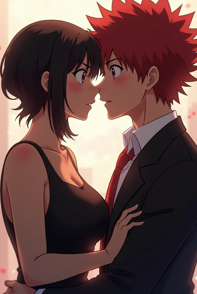 Girl character set in Boku no hero academia with short black and red curly hair, dark brown eyes, light brown complexion, big chest, next to Bakugo Katsuki about to kiss and looking at each other passionately