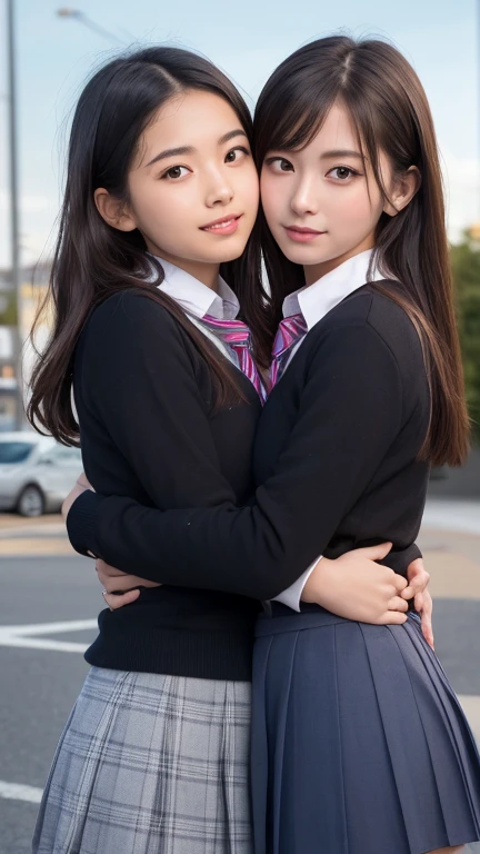 Two beautiful girls、Blazer School Uniform、A dark-haired、straight haired、(One has long hair、The other one has a short bob)、schools、early evening、14years、Long skirt below knee length、lowfers、one person hugs、Bring your face closer、tired expression、