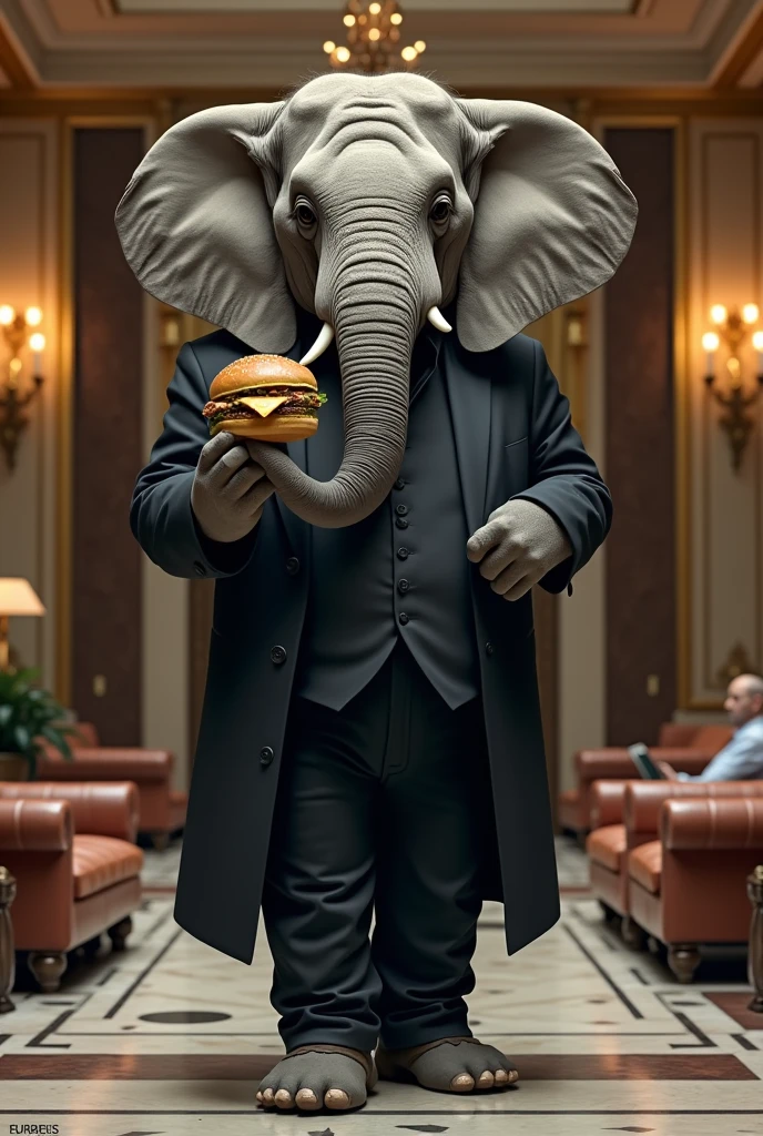The elephant in hotel eat burger with black coat pant in sit in table