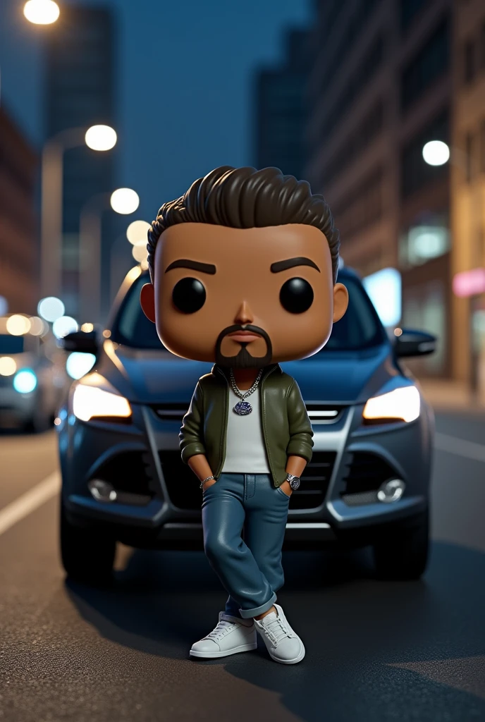 Create a funko pop of a 2 guy with a goatee and a bit of a mustache wearing a silver necklace leaning against a 2013 Ford Kuga and a nighttime street in the background 
