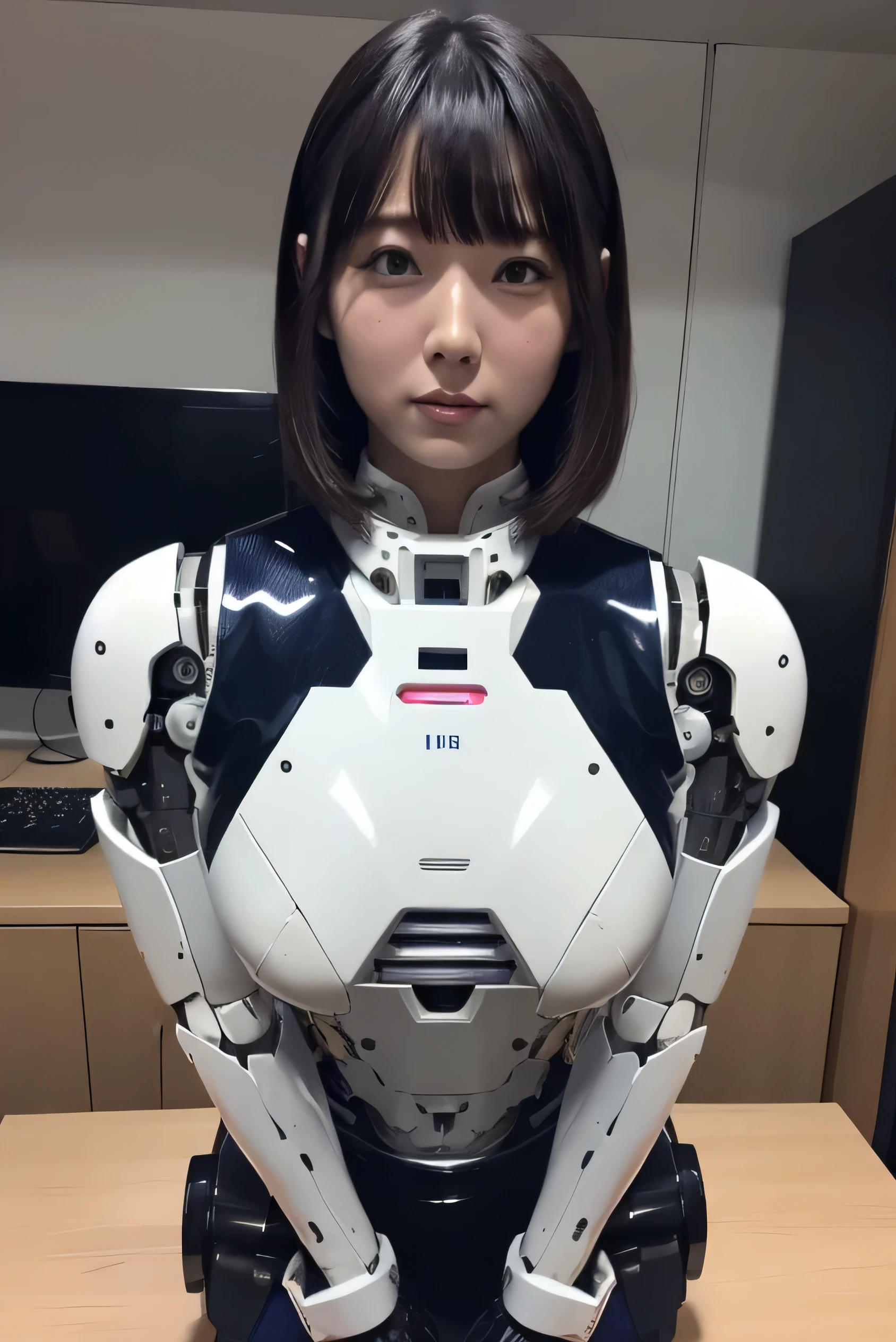 masterpiece, best quality, extremely detailed, Japaese Cyborg Girl,Plump ,navy pleated miniskirt,black tights,control panels,android,Droid,Mechanical Hand, ,clothes with a sense of mechanical technology, Robot arms and legs, Black Robot Parts,Black hair,Mechanical body,Blunt bangs,White abdomen,White robotics parts,tube dress,perfect robot woman,future laboratory,cyber pank,charging spot,android factory,robot factory,cyborg factory,long tube,thick cable connecting her neck,ceramic body ,blue eyes,smechanical body, android,robot humanoid,office-lady