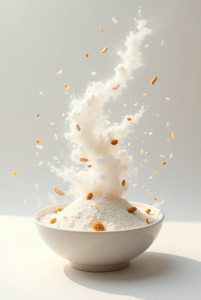 A bowl full of white powder. Falling rice, peanut and white sesame