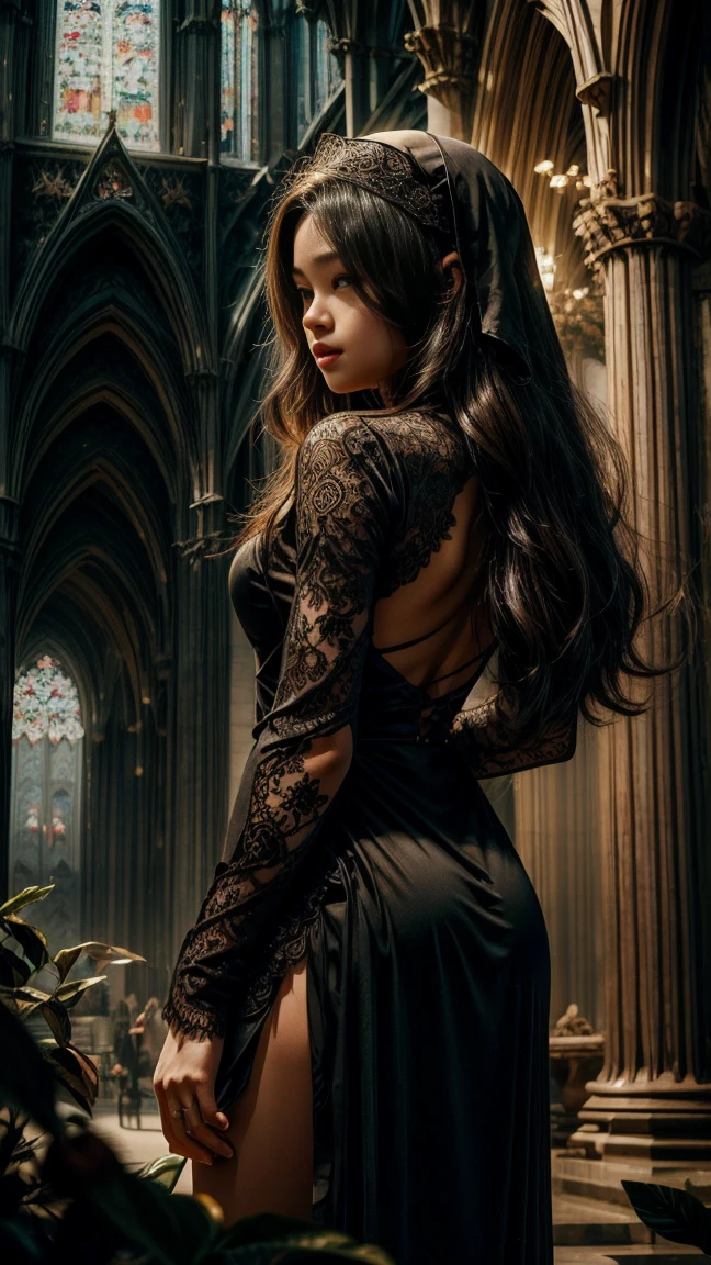 CAMBODIAN  14 YO, A sexy nun with seductive eyes and full lips, wearing a revealing black lace dress and high heels, poses gracefully in a dimly lit cathedral. she is long, wavy hair falls down the back, framing your seductive face. The detailed folds of her dress create a sense of mystery and intrigue, as the soft candlelight casts a warm glow on your flawless skin. The artwork is a masterpiece of photorealistic beauty, Captured with high-resolution precision and ultra-detailed rendering. Vibrant colors add depth and richness to the scene, with a touch of bokeh in the background, creating an ethereal atmosphere. The overall composition exudes sensuality and sophistication, making it a captivating portrait in the erotic art genre. Armor and katana kitsube