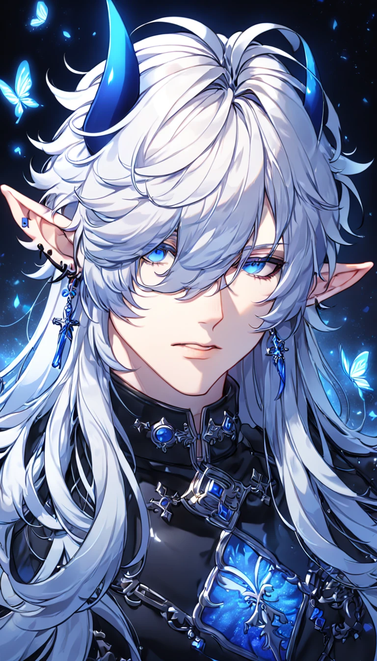 absurdres, highres, ultra detailed, HDR, master piece, best quality, extremely detailed, detailed face, Ciel, white hair, long hair, messy hair, hair over the left eye, expressive blue eyes, slightly pointed ears, Elsword, cross earrings, blue horn, demon, solo, sexy man, handsome, manly man, adult face, black leather coat, blue V-shirt, black scarf, magical, fantasy, under a blue tree, blue flames, magical forest, blue fireflies, blue roses, blue butterflies, glass magic