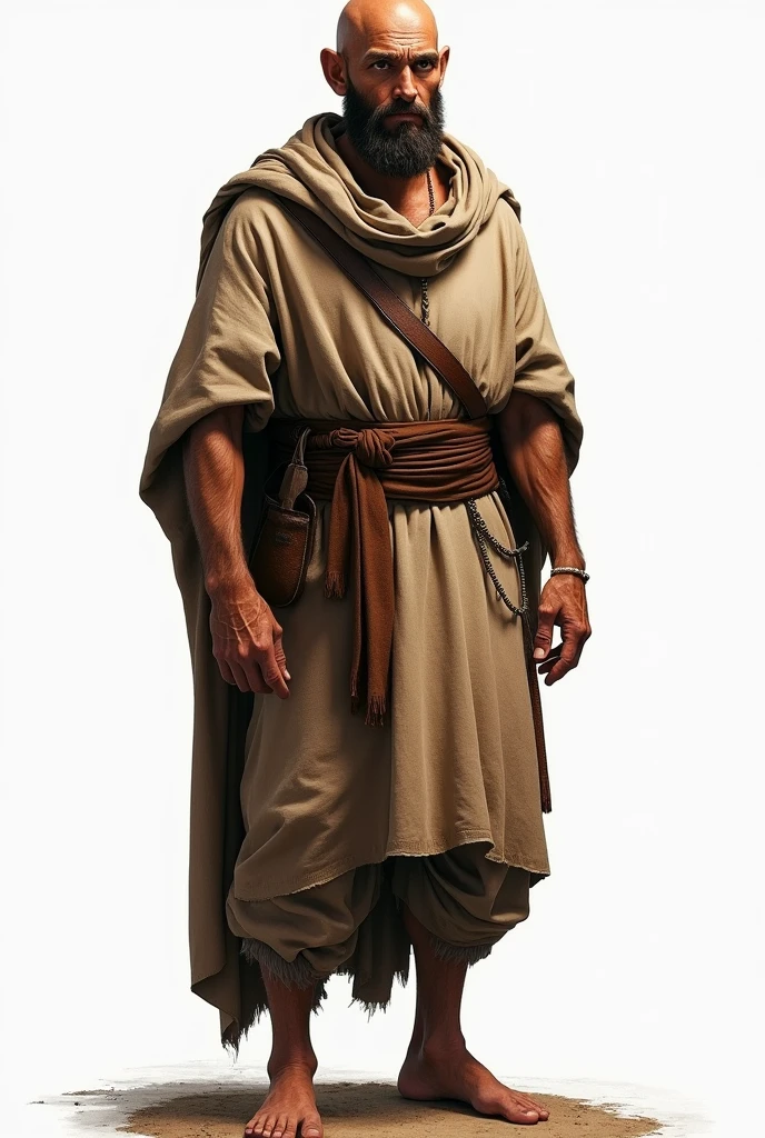 man of Jewish origin of average height, calvo, having crooked legs, stark, with furrowed eyebrows, with a slightly pronounced nose. Normal ears His clothes must be from the 1st century. show the whole body
