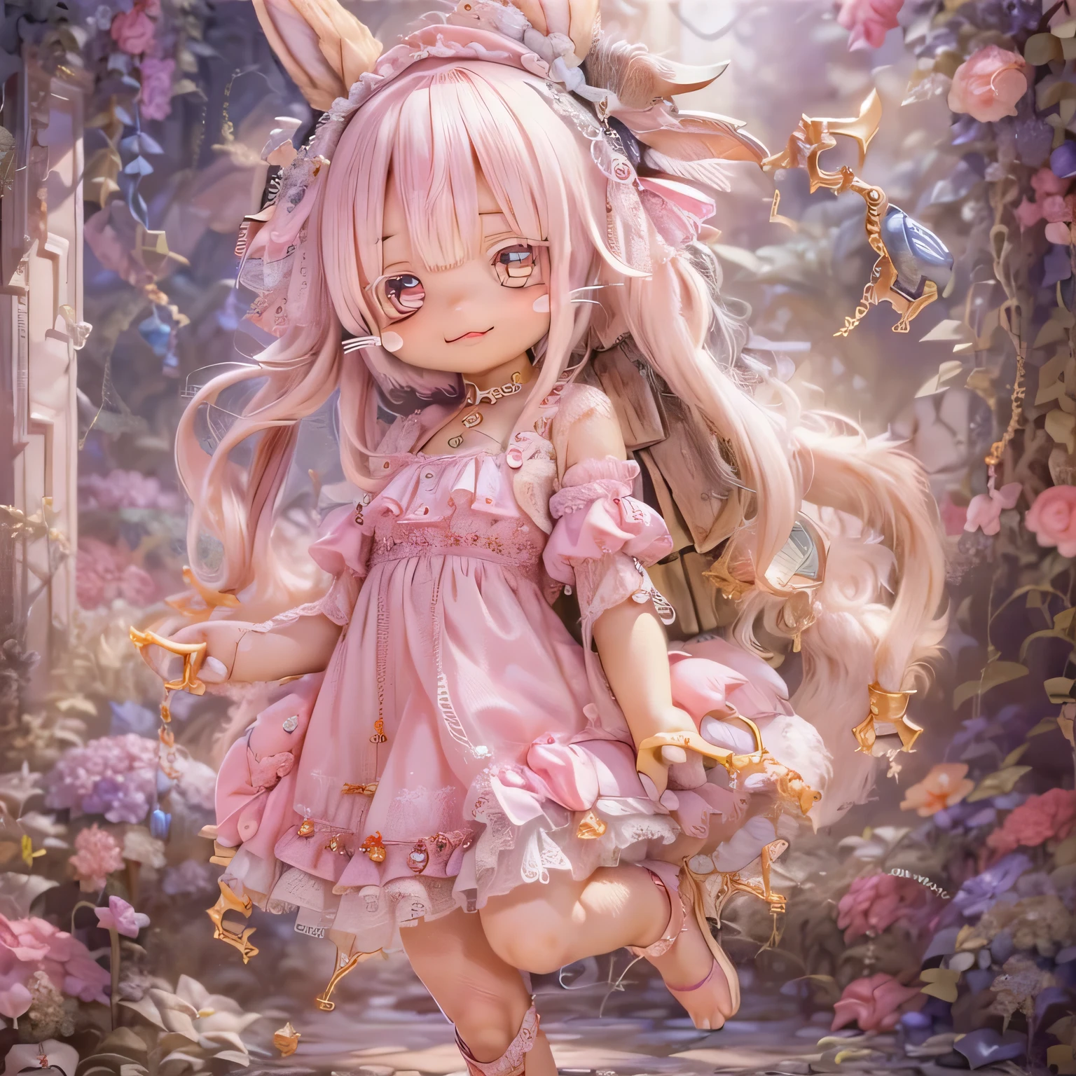 in the garden, Smiling, Similar to Nanachi from Made in Abyss. She is beautiful, Beautiful eyes and lips.  (((Chibi Style,))) . Image quality is excellent, Highly detailed and realistic features. The medium of this work is、Combining illustration and photorealistic rendering.. The colors are vivid、The lighting creates a warm and bright atmosphere。 whole body(((((Cute pink dress)))))Contrasting cute poses