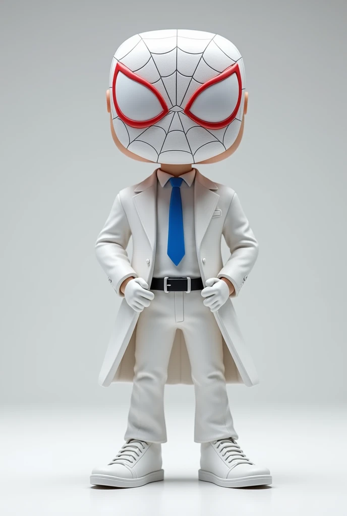Create a funko pop with a white shirt, white pants, white coat and white tennis shoes, black belt and blue tie with the original Spiderman mask on