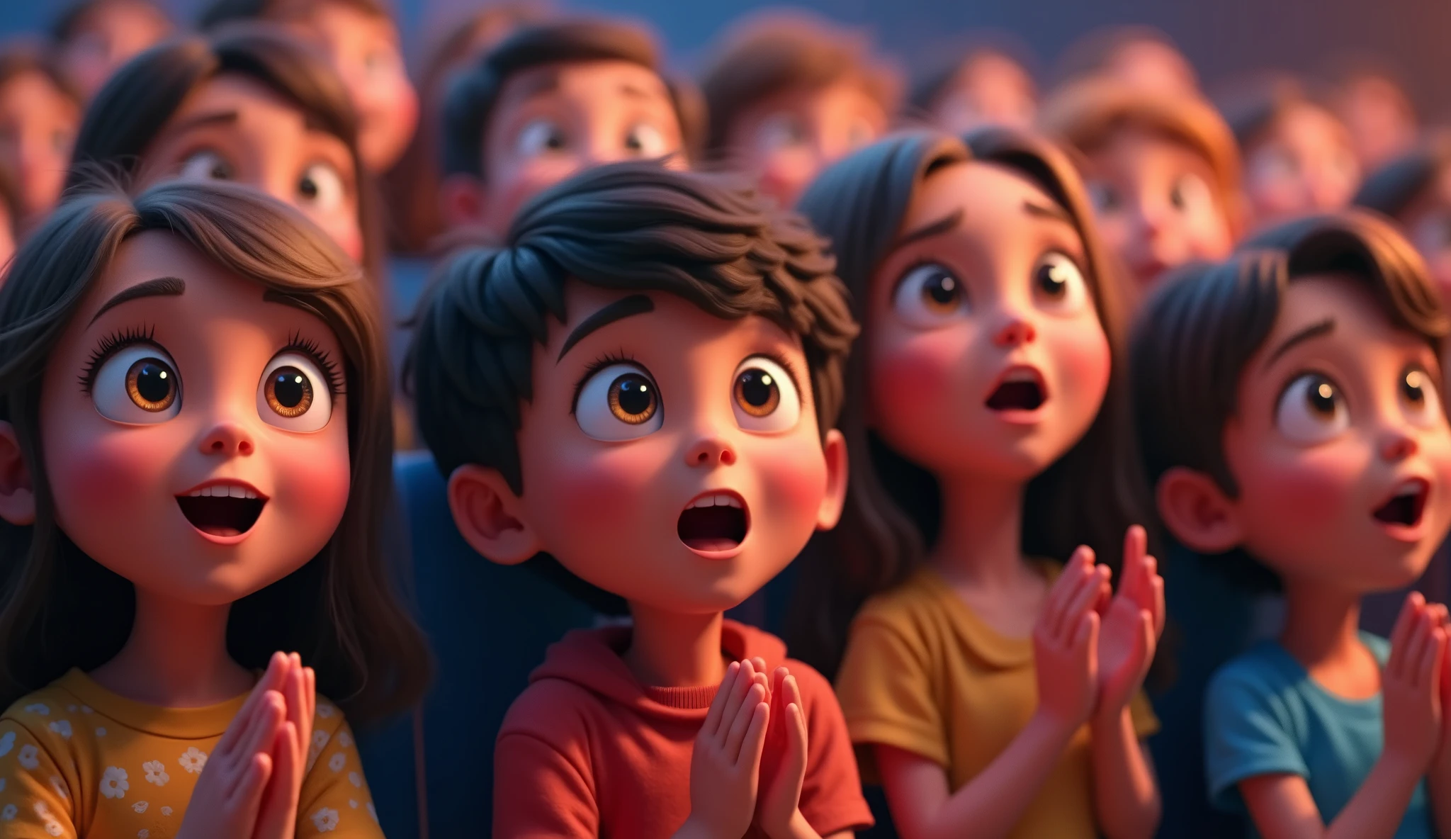 (highest quality, 4k, masterpiece:1.3), A close-up of a group of children sitting in an auditorium, watching a stage performance. Their faces are lit up with excitement, wide-eyed and smiling, some clapping their hands. The children are of various ethnic backgrounds, wearing casual and traditional clothing, reflecting the diversity of the audience. The background shows blurred outlines of other audience members and the soft glow of stage lights. The image is in a 2D animation style, with bright colors, cartoonish features, and a joyful atmosphere.