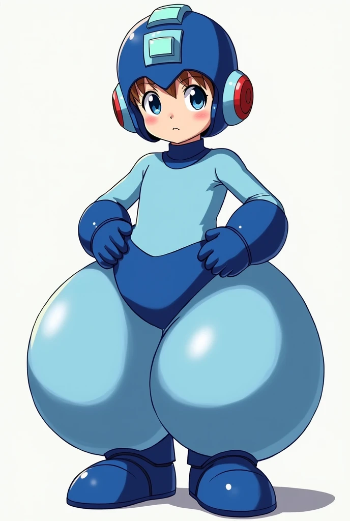 Small boy, around , brown hair, blue eyes, anime style, wearing a Megaman outfit consisting of a light blue leotard, humongous inflatable light blue satin ATS-style 4-yard pantaloons, royal blue ankle boots, royal blue Megaman gauntlets, royal blue Megaman helmet, and a padded royal blue satin Megaman diaper. The Pantaloons are very puffy and very round. The diaper is extremely puffy and completely spherical. His helmet has a raised light blue square in the forehead and a light blue ridge running straight back from the square, resembling an exclamation mark. His helmet also features round light blue sections with red circles in the center over his ears. high quality.