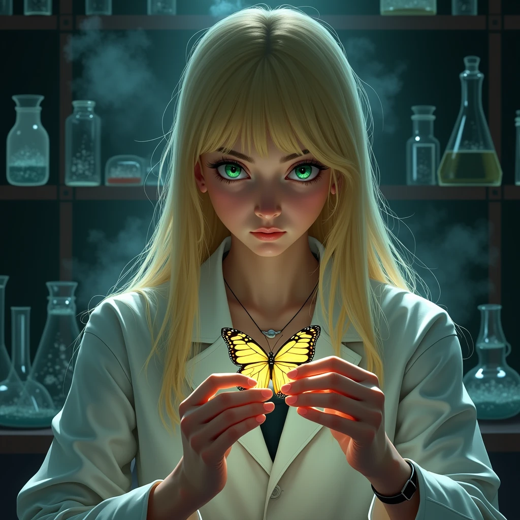 Strong backlighting makes the hair transparent, and there are many rays of light and lens flares., A science student making butterfly specimens in the laboratory, Maximum facial details, Maximum detailed textures, Maximum detailed shadows, Maximum detailed backgrounds, ,full body, ,amane_utata,INKxXmo Dark Theme, Shaded Face,upper body, ,girl,blonde hair, very long hair, straight hair, green eyes, large breasts,INKxXmo Dark Theme, Shaded Face, ,smoke style, cloudy, swirling, dissolve, smoke,