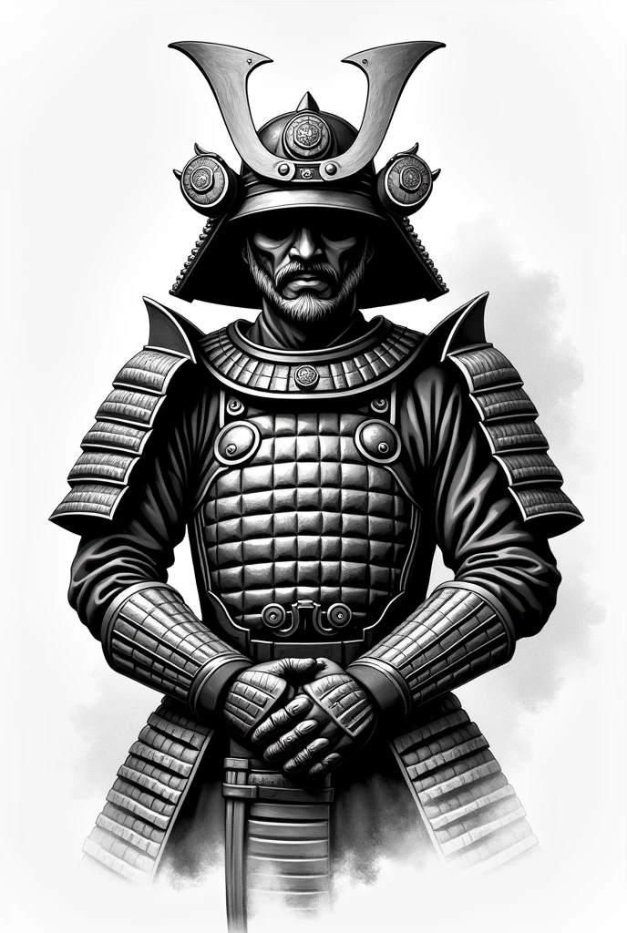 Drawing of a samurai armor in tattoo style in black and white