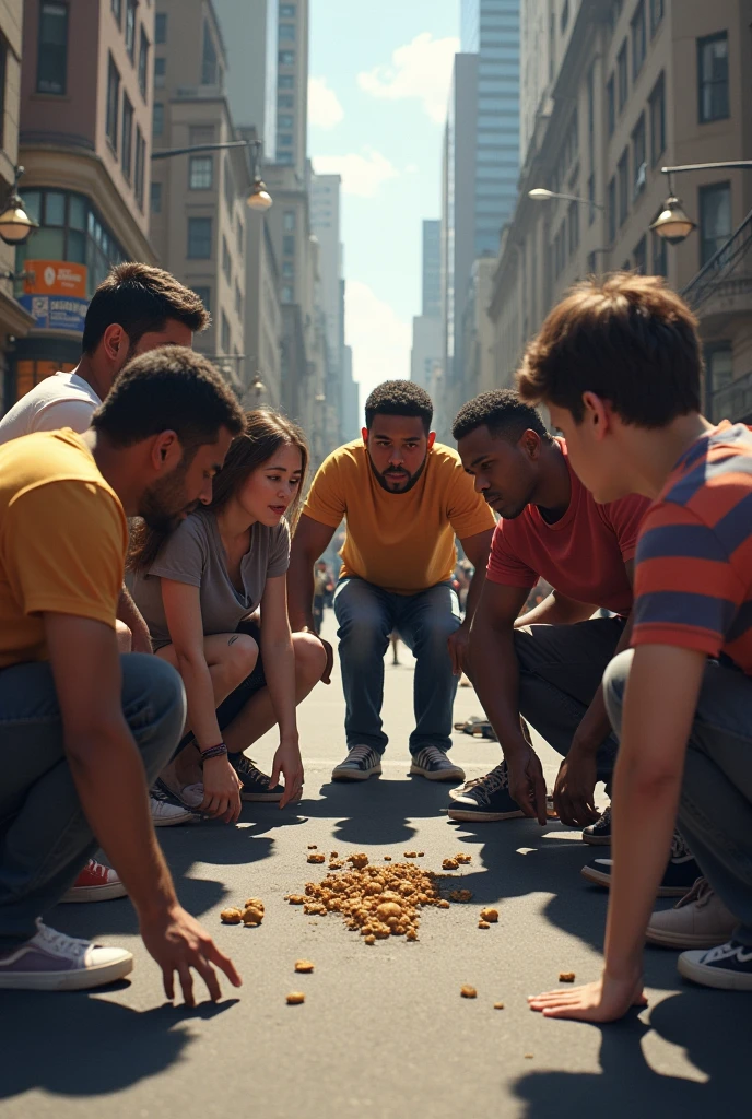 people circling around something on the ground in the street,