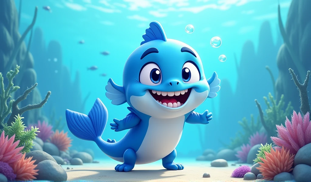 create a smiling adult mascot for L store.P offers in blue colors, and that it is an aquatic animal, make 5 different pictures of the same mascot