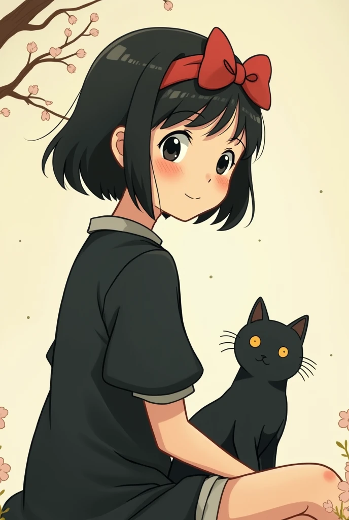 Animated scene of a woman with a cat and a bird, Scrape delivery service, Kiki's Delivery Service, Ghibli anime style, by Miyazaki, Ghibli anime style style, Miyazaki anime films, Miyazaki Movies, Studio Ghibli Anime, studio ghibli and shinkai makoto, Miyazaki Movies, Studio Ghibli Animeーション, Ghibli anime movie simple background, Simple eyes、The cat is black、Faint Lines、Black Hair, Bob、Ghibli-style colors, Headbands with red ribbons、Black dress.Simple eyes、black eye、Ghibli-style eyes、The Little Prince painting style、Don't make your eyes sparkle