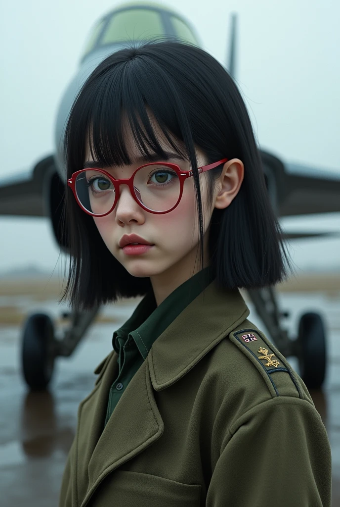 Modest clothing, Remote shooting, Beautiful details、Delicate face, beautifully、Delicate eyes down to the finest detail, Perfect facial balance, High resolution skin, Thin Skin, Best 4 inch aspect ratio. With your thumb, masterpiece, Very detailed, Realistic, (Reference for the German Army's General Uniform from WWII : 1.8), Best face resolution, , Modest clothingの女性, Fully clothed, ( small, Black Hair, black Straight bangs, Ultra-fine knitting, Straight bangs, Red glasses, Dark green eyes, sf, Fighter, standing On the landing of a Fighter, Agency, Deeply intelligent personality, Calm expression, A respectful face, war, a Fighter Big Yip Big Damn. Fuck fuck fuck