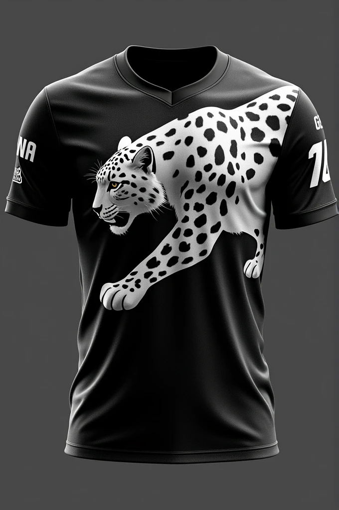 Create front and back team jersey design images with black color with white shaded snow leopard design highlighted, name on the back of the shirt Geovana and the number 10